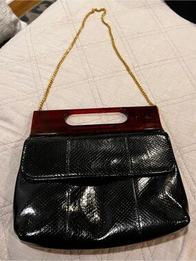 Black Textured Leather Bag with Gold Chain and Tortoiseshell Handle